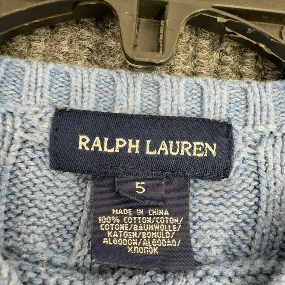 Ralph Lauren Sweater Girls 5 Blue Cotton Cable Knit Puffed Sleeve Preppy Classic
